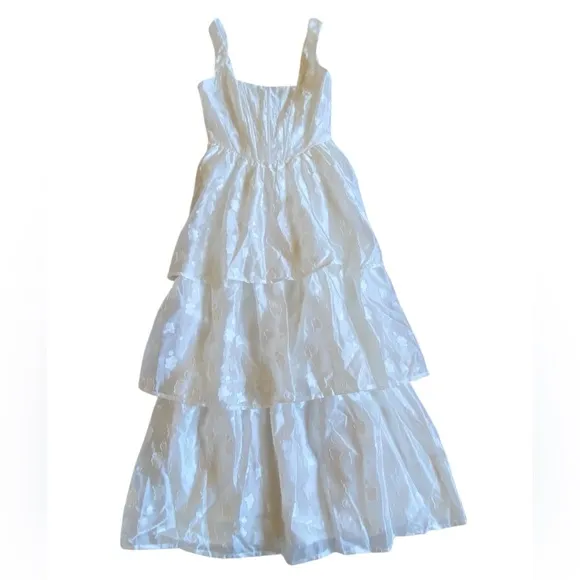 Lulus White Floral Burnout Bustier Tiered Midi Dress Size XS Fairy Coquette NWOT