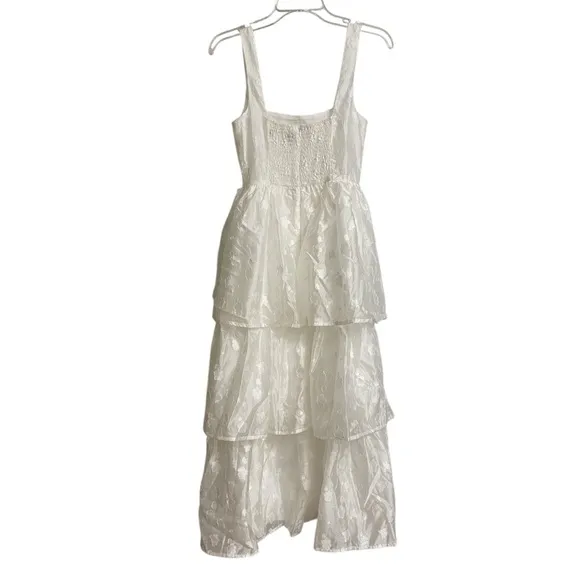 Lulus White Floral Burnout Bustier Tiered Midi Dress Size XS Fairy Coquette NWOT
