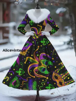 Madi Gras Art Print Vintage Elegant Fur Collar Long Sleeve Midi Dress