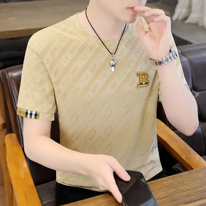 Man Spring Summer Thin T-Shirts Patchwork Solid Color Letter Short Sleeve Pullovers Round Neck Simplicity Men's Clothing 2023