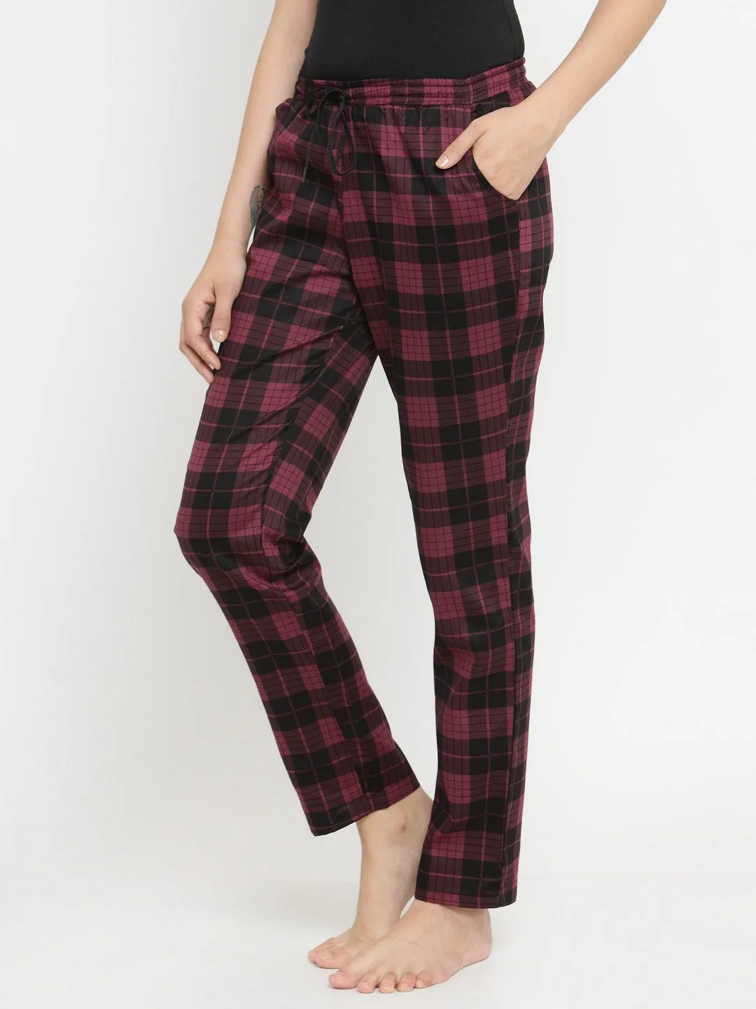 Maroon Abstract Checked Printed Viscose Rayon Pyjamas