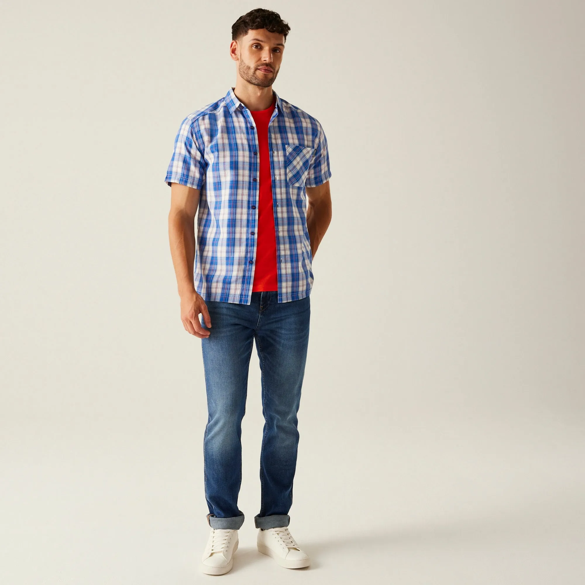 Men's Mindano IX Short Sleeve Shirt | White Olympian Blue Check