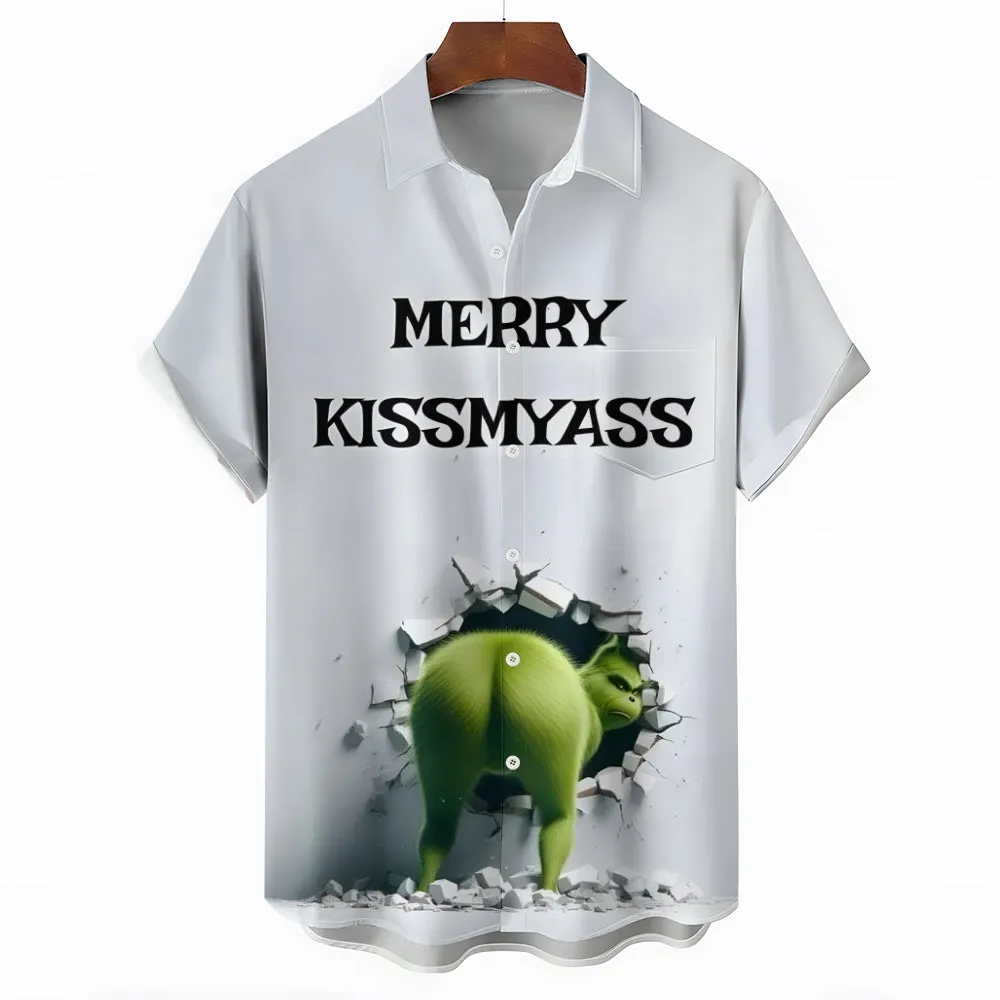 Merry Kissmyass Funny Christmas Green Hairy Monster Printing Short Sleeve Shirt