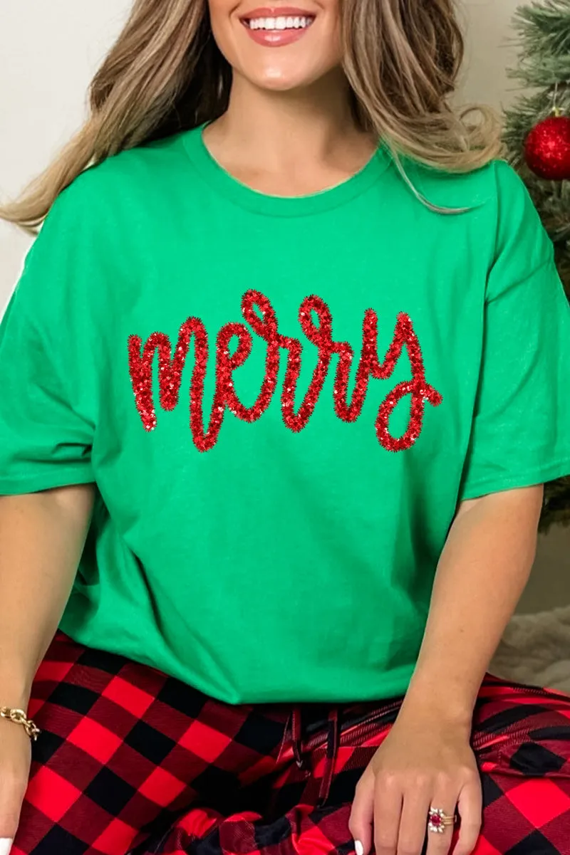 Merry Script Faux Tinsel Transfer Short Sleeve Relaxed Fit T-Shirt