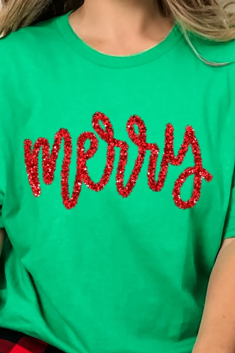 Merry Script Faux Tinsel Transfer Short Sleeve Relaxed Fit T-Shirt