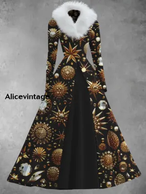 Metallic Art Print Vintage Elegant V-Neck Fur Collar Long Sleeve Midi Dress