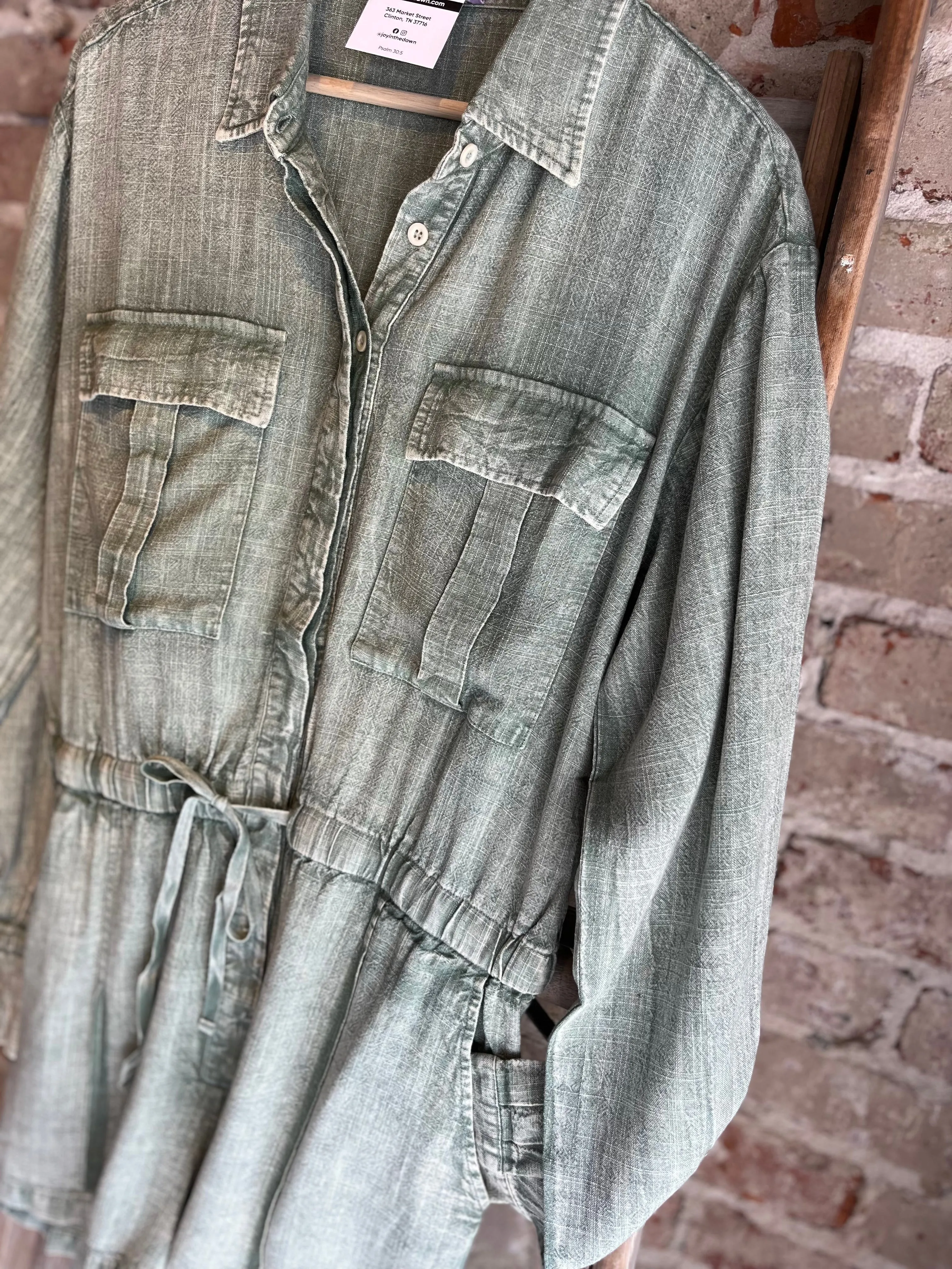 Mineral Wash Linen Romper - Sage