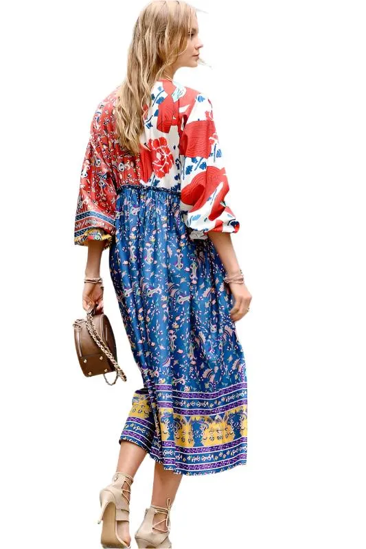Multi Color Floral Print Midi Dress