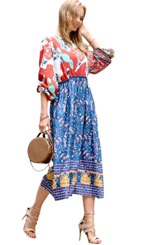 Multi Color Floral Print Midi Dress