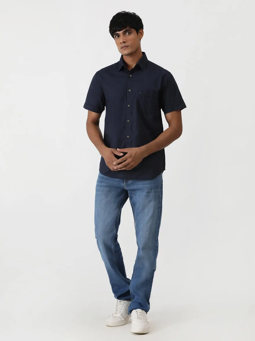 Navy Blue Solid Slim Fit Casual Shirt | Greenfibre