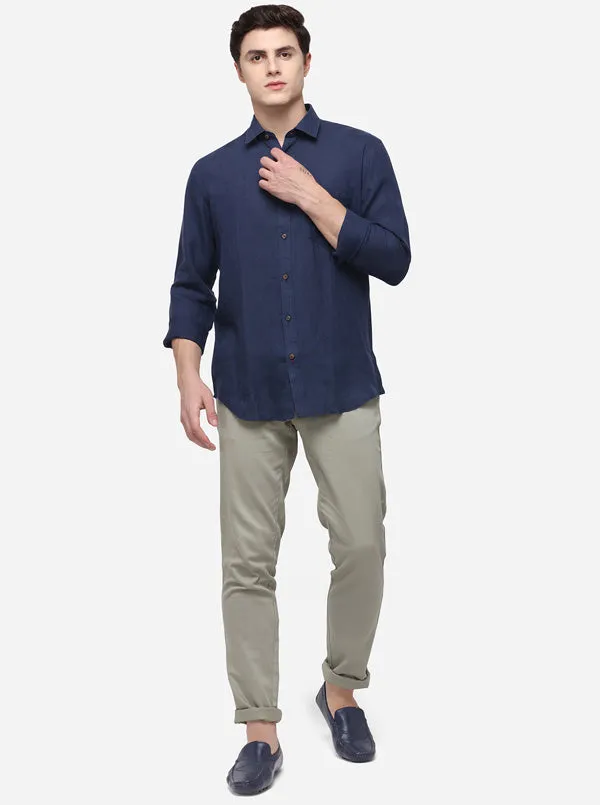 Navy Blue Tailored Fit Solid Casual Shirt | JadeBlue