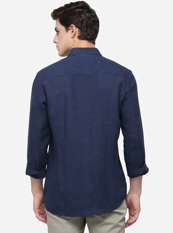 Navy Blue Tailored Fit Solid Casual Shirt | JadeBlue