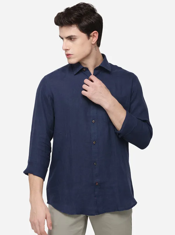 Navy Blue Tailored Fit Solid Casual Shirt | JadeBlue