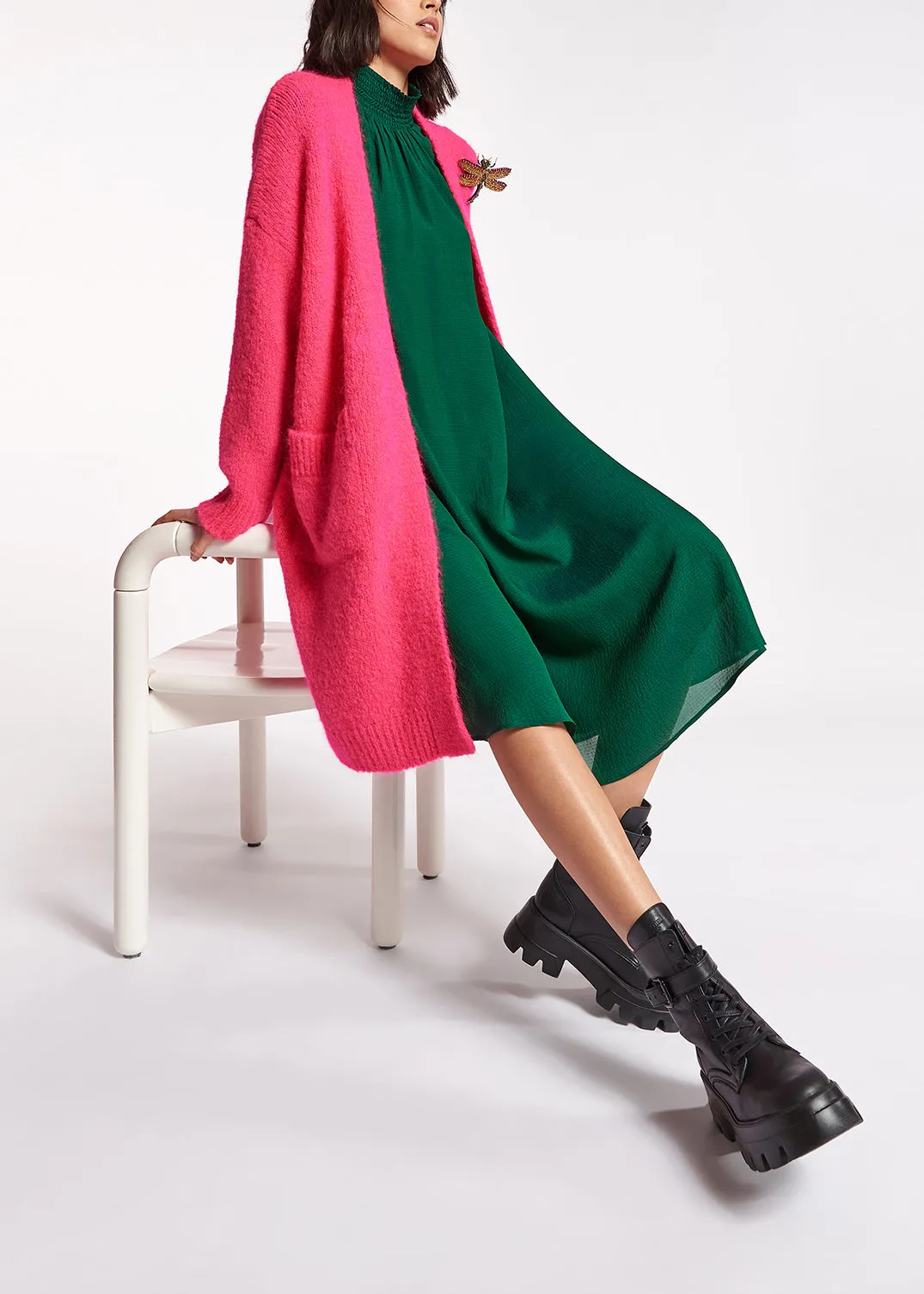 Neon pink midi-length mohair-blend cardigan