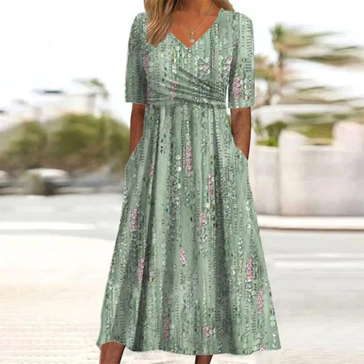 NEW Bovuf Green Plant Print Side Pocket Midi Dress, Sz XL, Retails $87