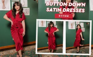 NEW BTFBM Women's Long Sleeve Lapel V Neck Button Down Satin Red Dress Belted Elegant Ruched Spring Summer Maxi Shirt Dress - Size L - Retails $59 