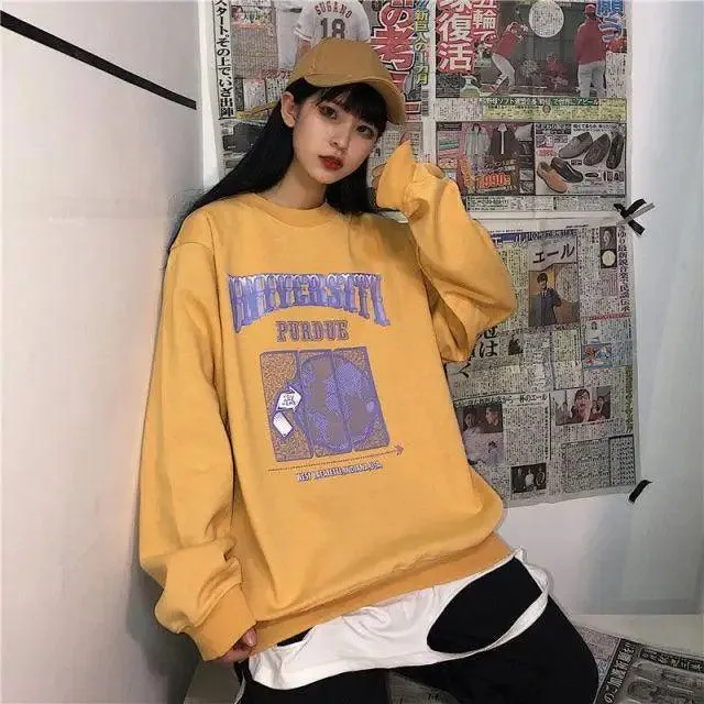 New Spring Autumn O-Neck Pullover Women Loose Clothes Oversized Sweatshirt Vintage Oversized Sweatshirt Women Embroidered Retro Letter Print Long Sleeve Shirt Crew Neck Sweatshirt