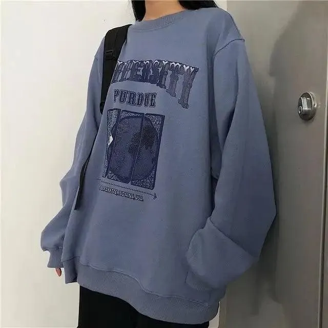 New Spring Autumn O-Neck Pullover Women Loose Clothes Oversized Sweatshirt Vintage Oversized Sweatshirt Women Embroidered Retro Letter Print Long Sleeve Shirt Crew Neck Sweatshirt