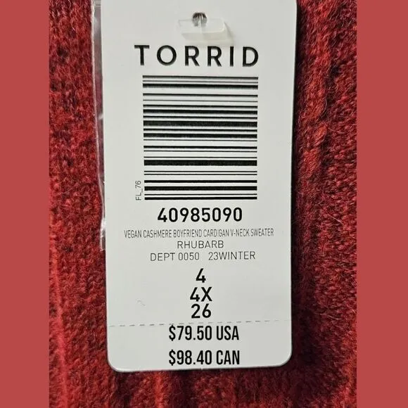 NEW TORRID CashmereVegan Boyfriend Cardigan V- Neck Sweater.  4X