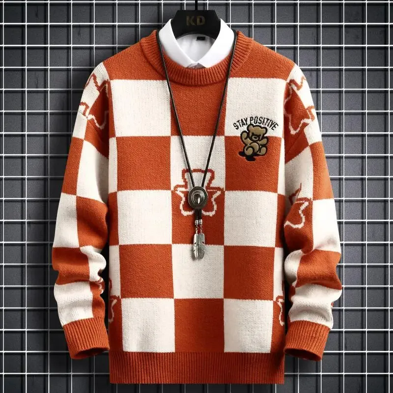 New Winter Hip Hop Printed Loose Mens Sweaters High End Cashmere Sweater Men Clothing Fashion Plaid Christmas Pullovers