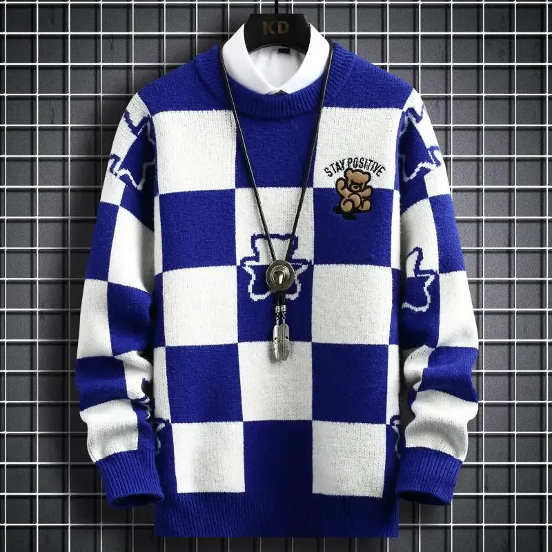 New Winter Hip Hop Printed Loose Mens Sweaters High End Cashmere Sweater Men Clothing Fashion Plaid Christmas Pullovers