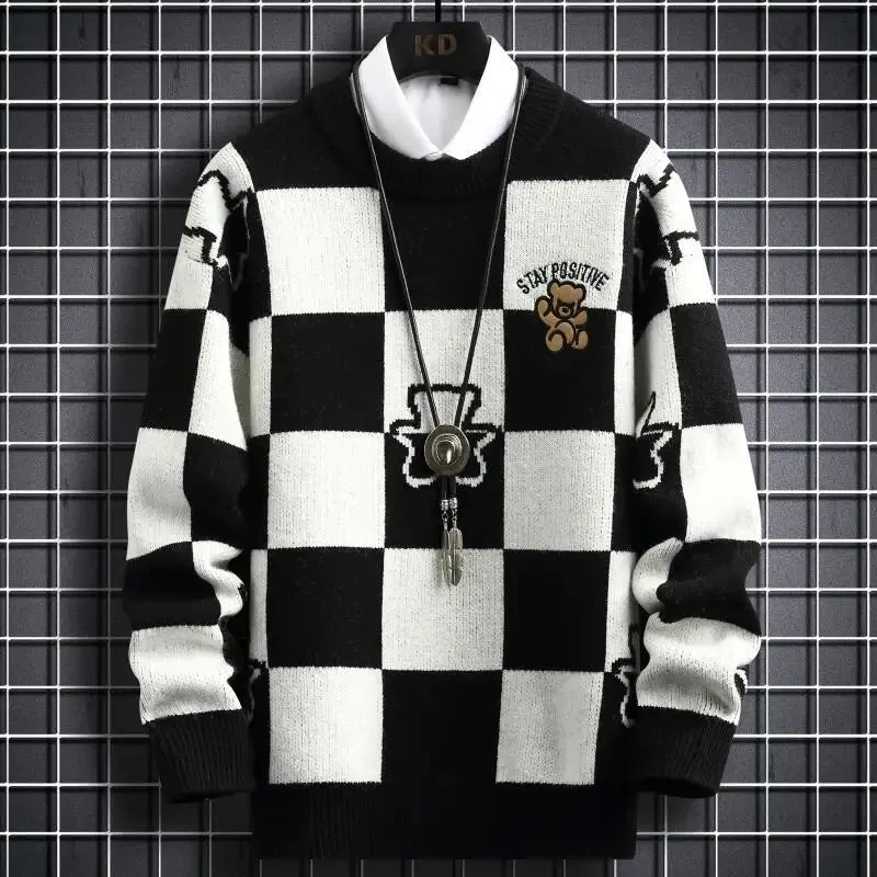 New Winter Hip Hop Printed Loose Mens Sweaters High End Cashmere Sweater Men Clothing Fashion Plaid Christmas Pullovers