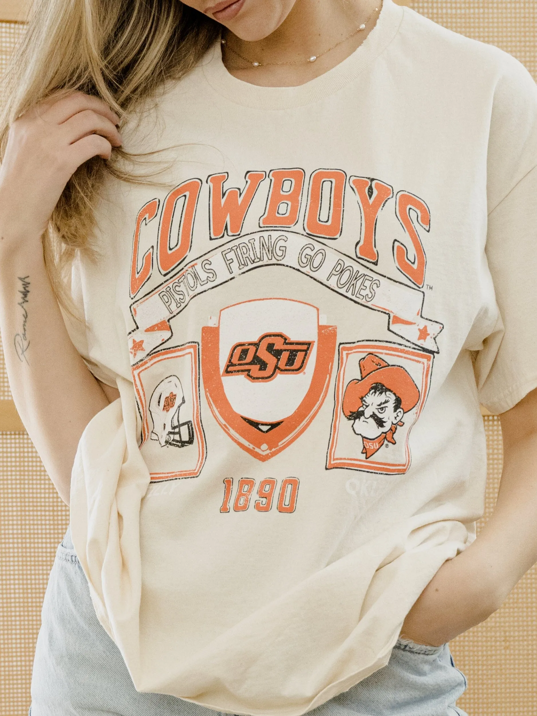 OSU Cowboys Prep Patch Off White Thrifted Tee