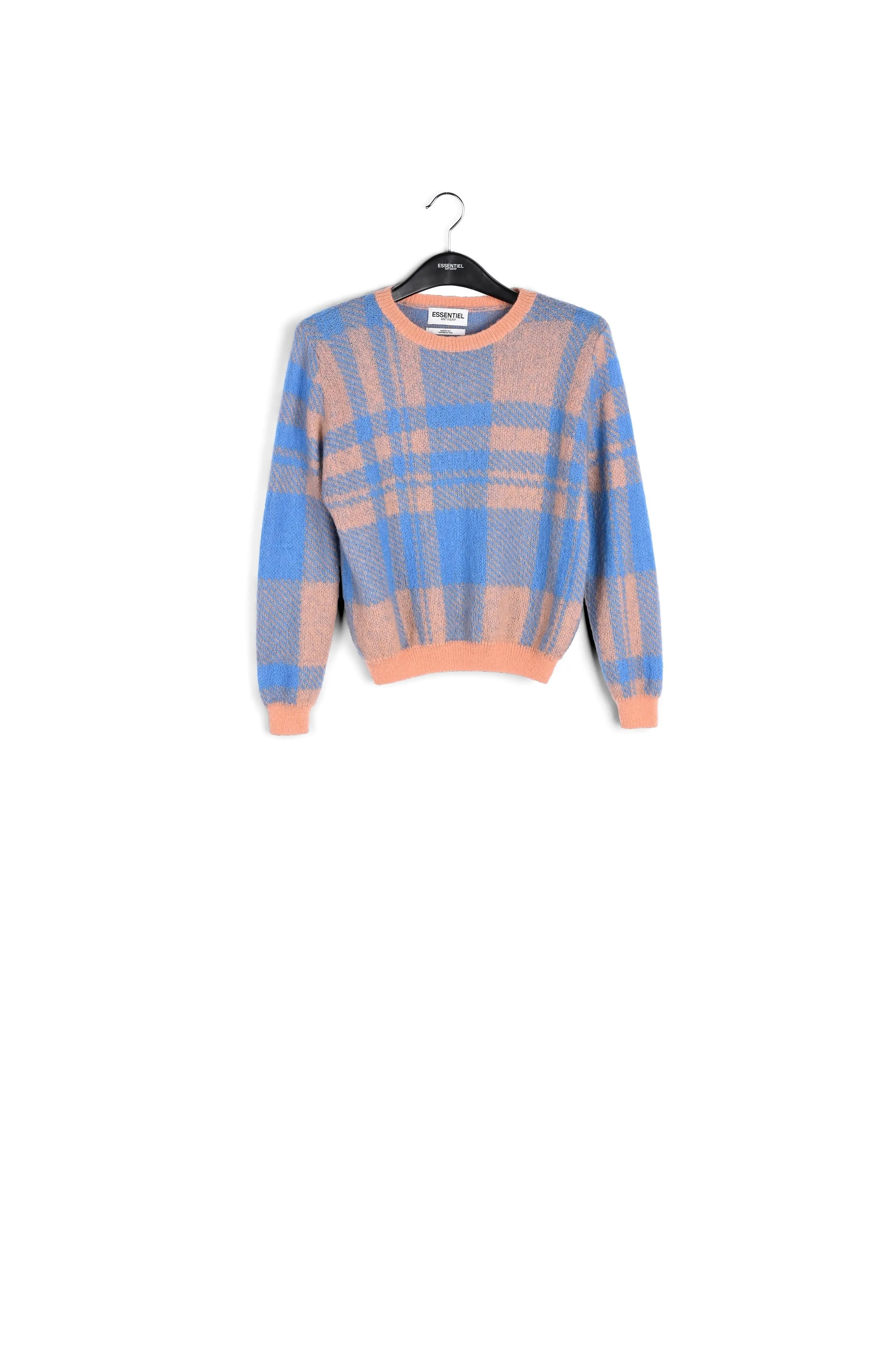 Peach and blue soft mohair plaid sweater
