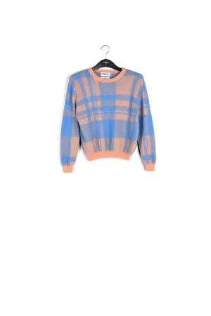 Peach and blue soft mohair plaid sweater