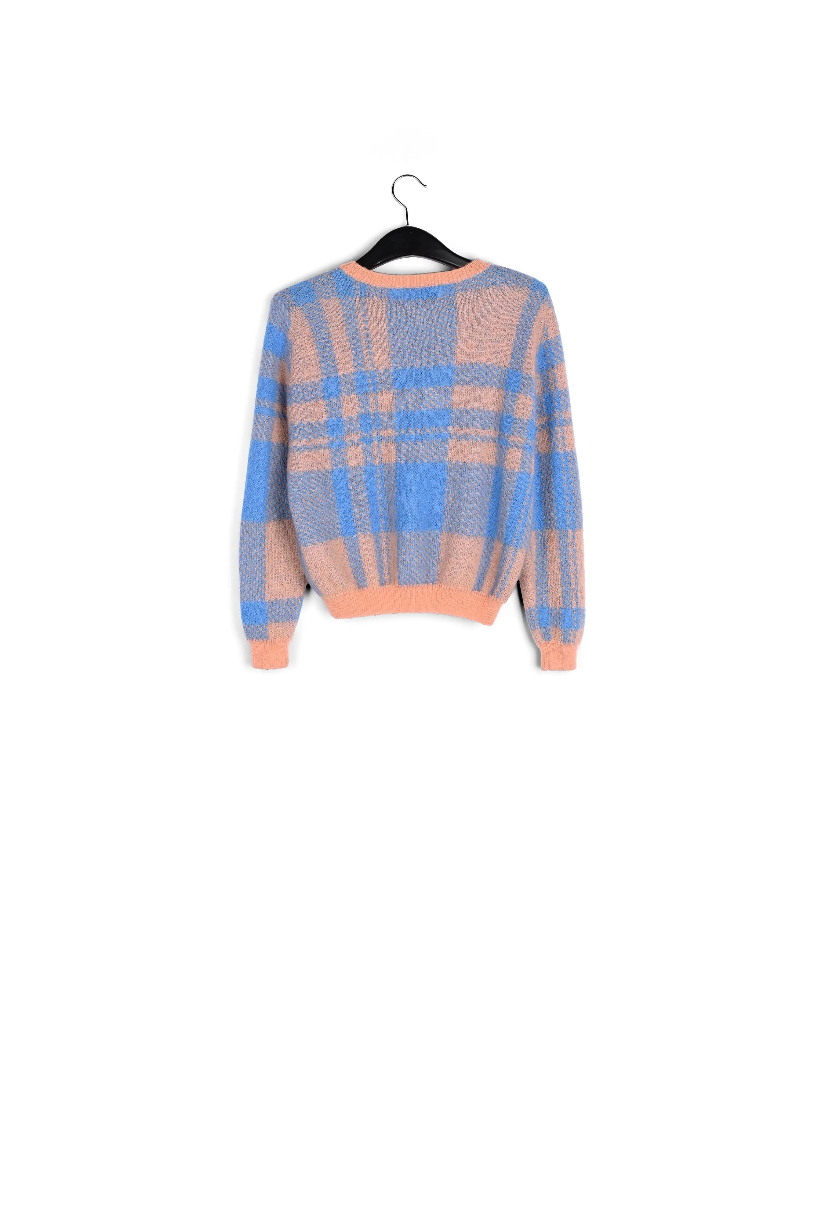Peach and blue soft mohair plaid sweater
