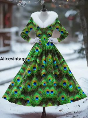 Peacock Feather Print Vintage Elegant Fur Collar Long Sleeve Midi Dress