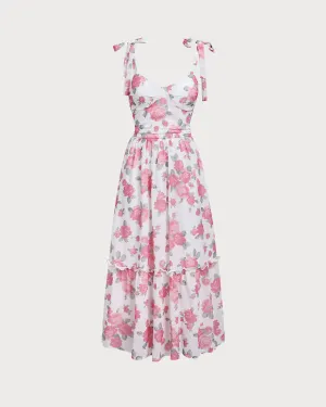 Pink Floral Shirred Tie Strap Midi Dress