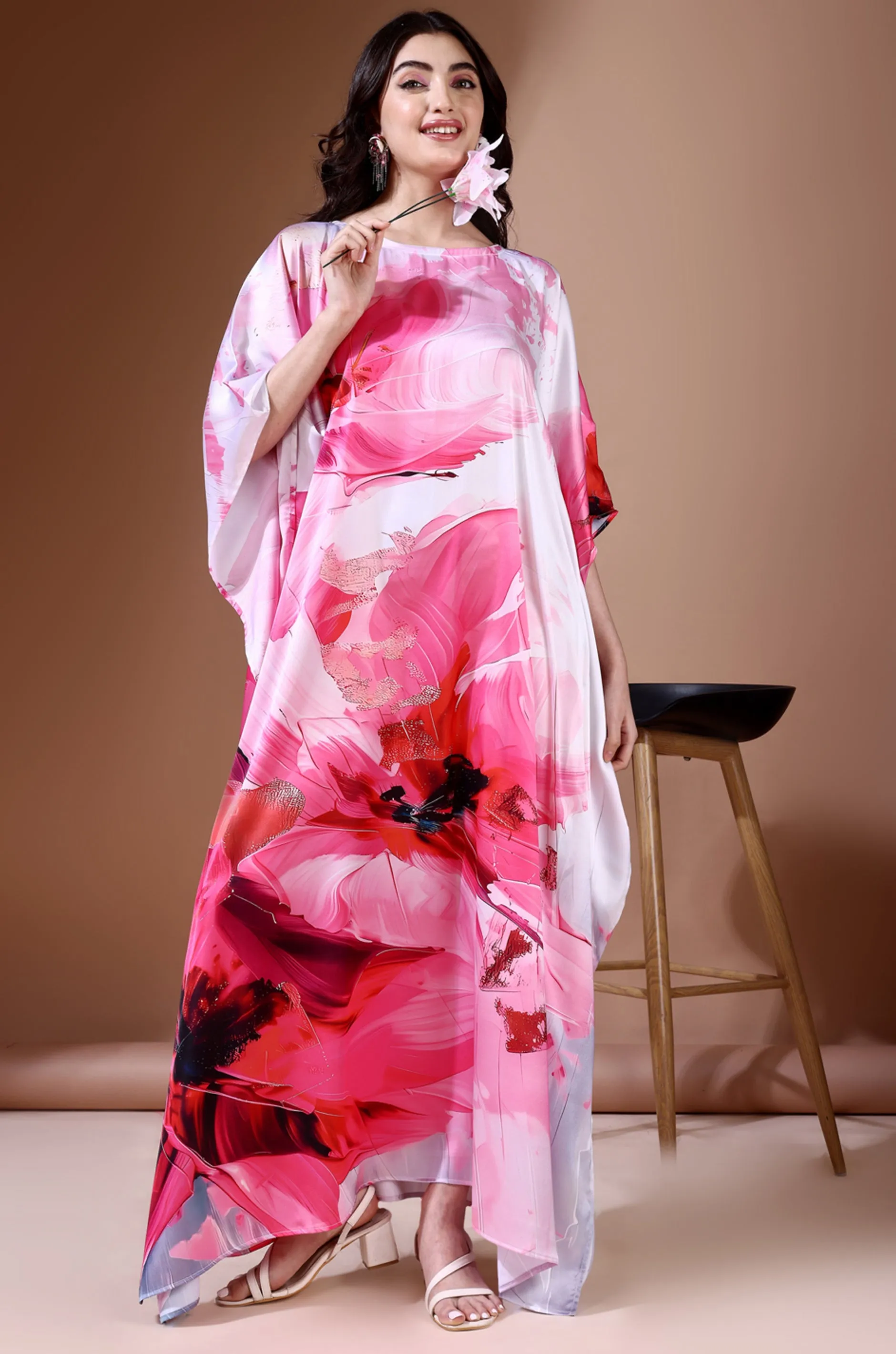 Pink Haven Soft Satin Kaftan with Digital Print