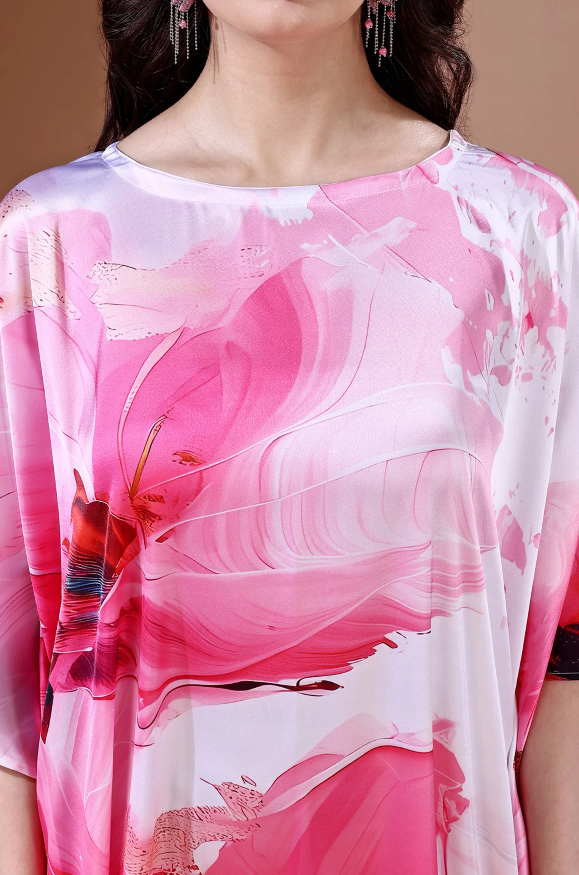 Pink Haven Soft Satin Kaftan with Digital Print