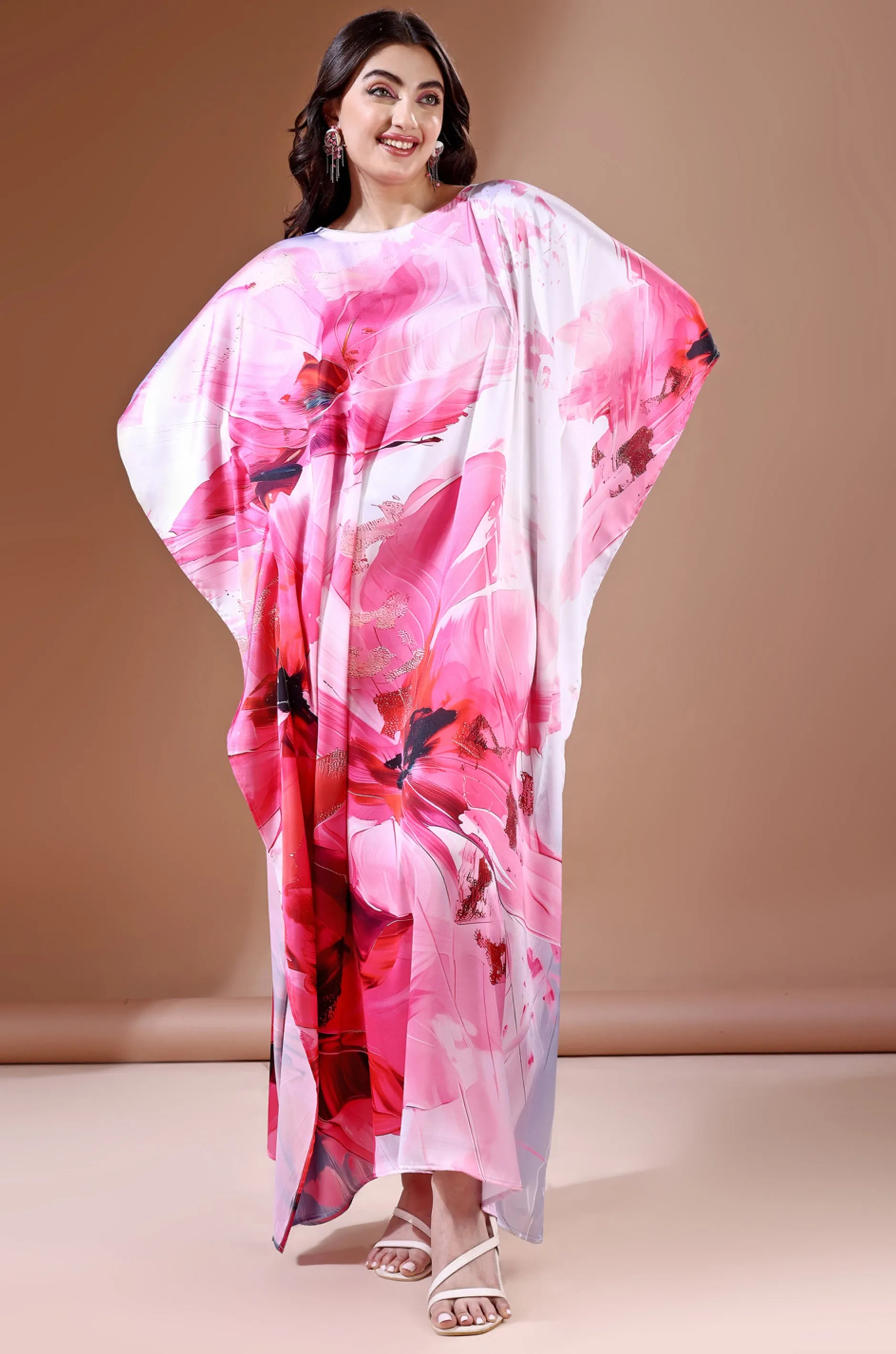 Pink Haven Soft Satin Kaftan with Digital Print