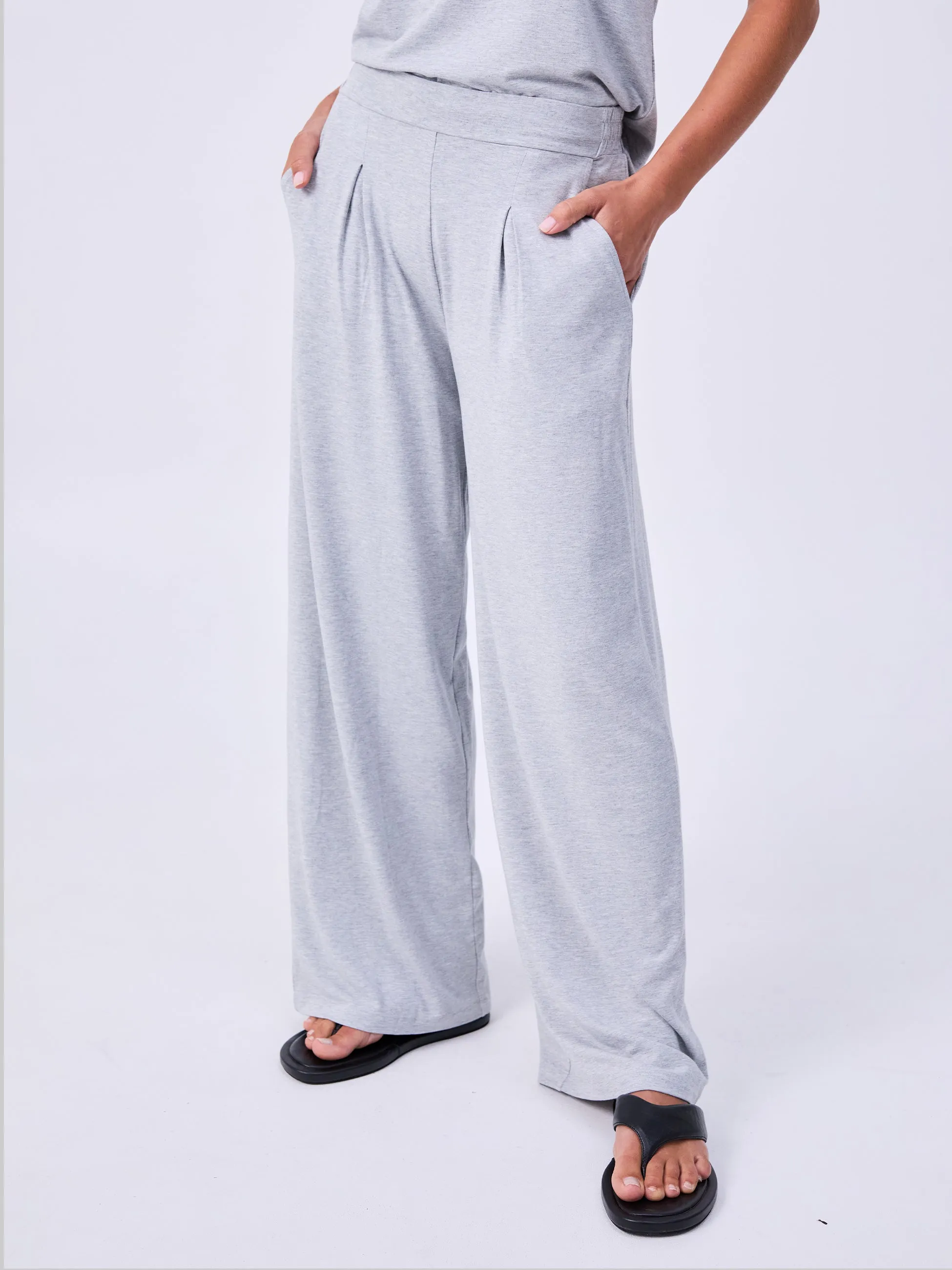 Pleat  Front Wide Leg Pants - Melange Grey