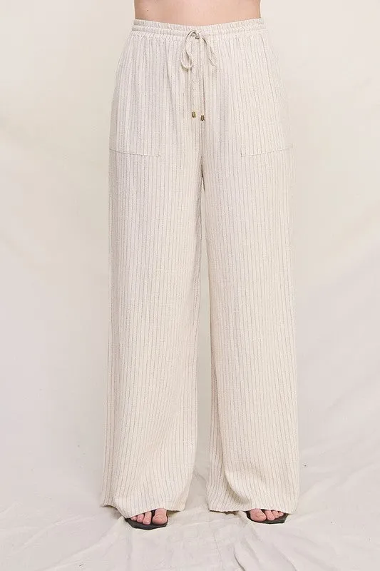 Plus Size Striped Linen Smock Waist Pants with Pockets