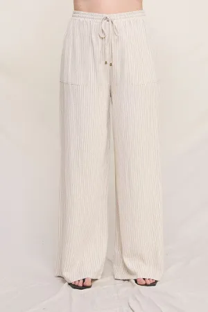 Plus Size Striped Linen Smock Waist Pants with Pockets