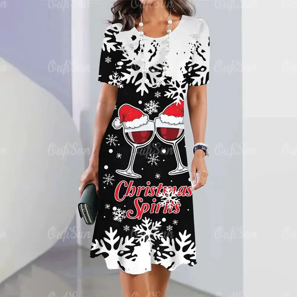 Plus Size Women's Christmas Pattern Print Dress Party Cute Elegant Santa Claus Print Midi Dresses