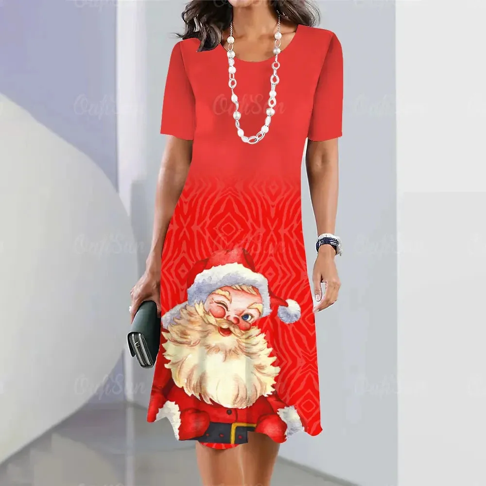 Plus Size Women's Christmas Pattern Print Dress Party Cute Elegant Santa Claus Print Midi Dresses