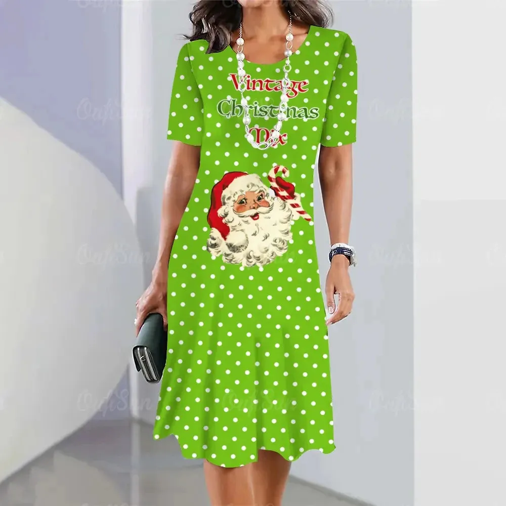 Plus Size Women's Christmas Pattern Print Dress Party Cute Elegant Santa Claus Print Midi Dresses
