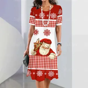 Plus Size Women's Christmas Pattern Print Dress Party Cute Elegant Santa Claus Print Midi Dresses