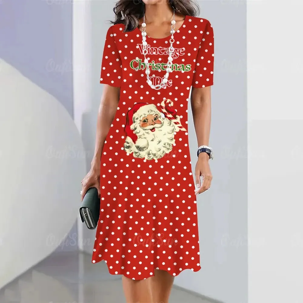 Plus Size Women's Christmas Pattern Print Dress Party Cute Elegant Santa Claus Print Midi Dresses