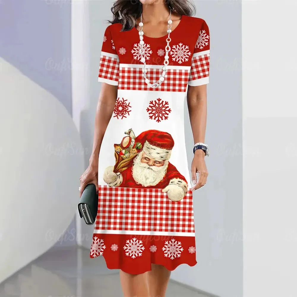 Plus Size Women's Christmas Pattern Print Dress Party Cute Elegant Santa Claus Print Midi Dresses