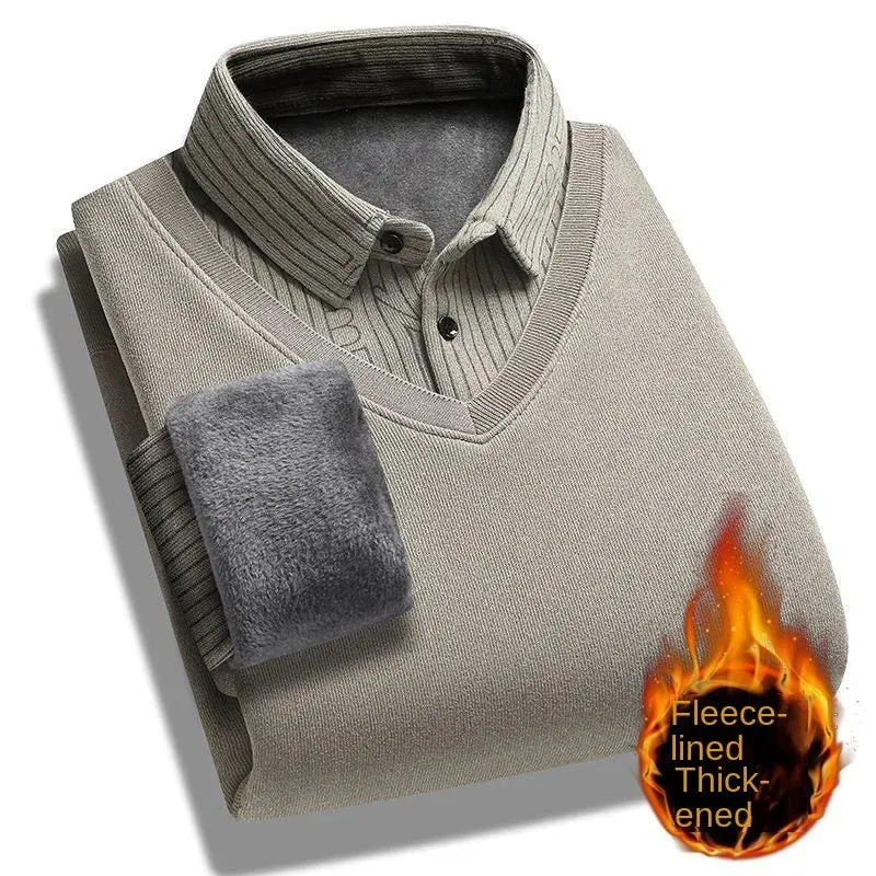 Plus Velvet Padded Men's Fake Two-piece Sweater Sweater Shirt Collar Warm Men's Bottoming Shirt Wearing  Clothing.