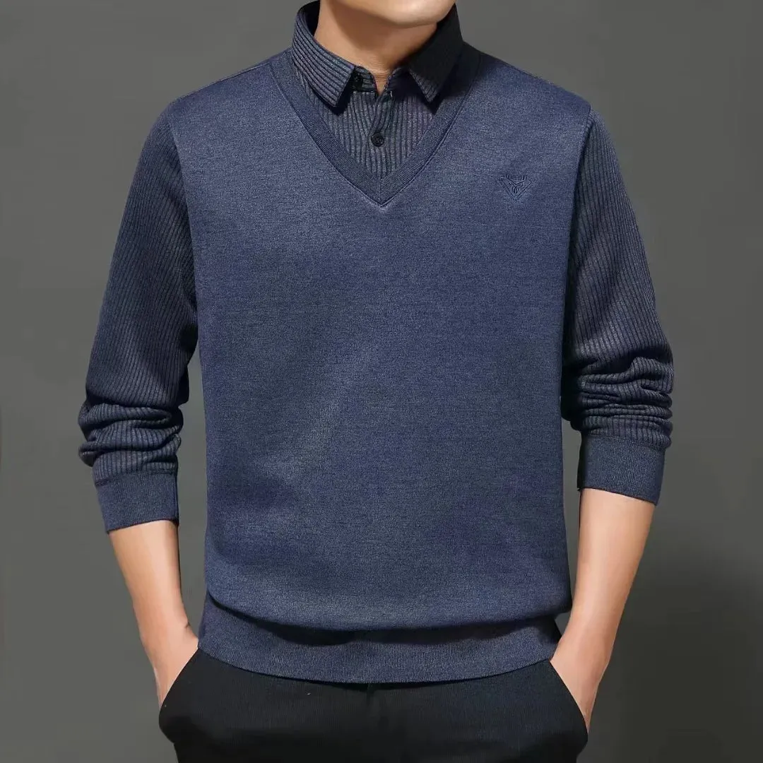 Plus Velvet Padded Men's Fake Two-piece Sweater Sweater Shirt Collar Warm Men's Bottoming Shirt Wearing  Clothing.