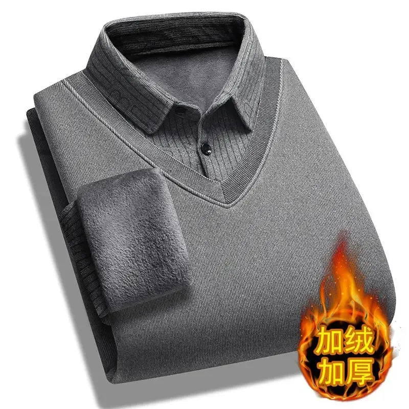 Plus Velvet Padded Men's Fake Two-piece Sweater Sweater Shirt Collar Warm Men's Bottoming Shirt Wearing  Clothing.