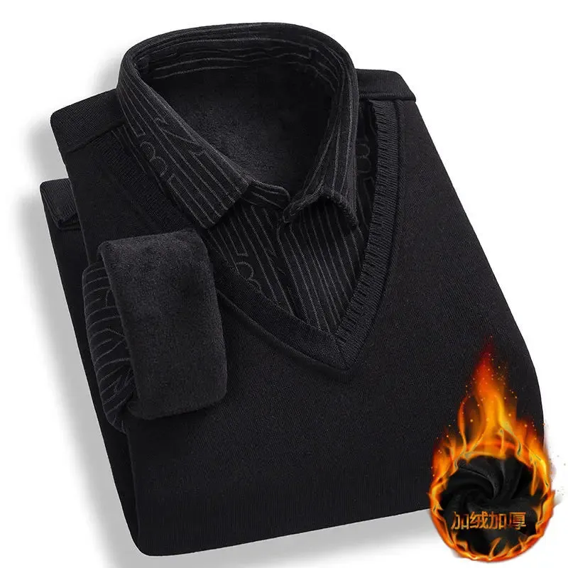 Plus Velvet Padded Men's Fake Two-piece Sweater Sweater Shirt Collar Warm Men's Bottoming Shirt Wearing  Clothing.