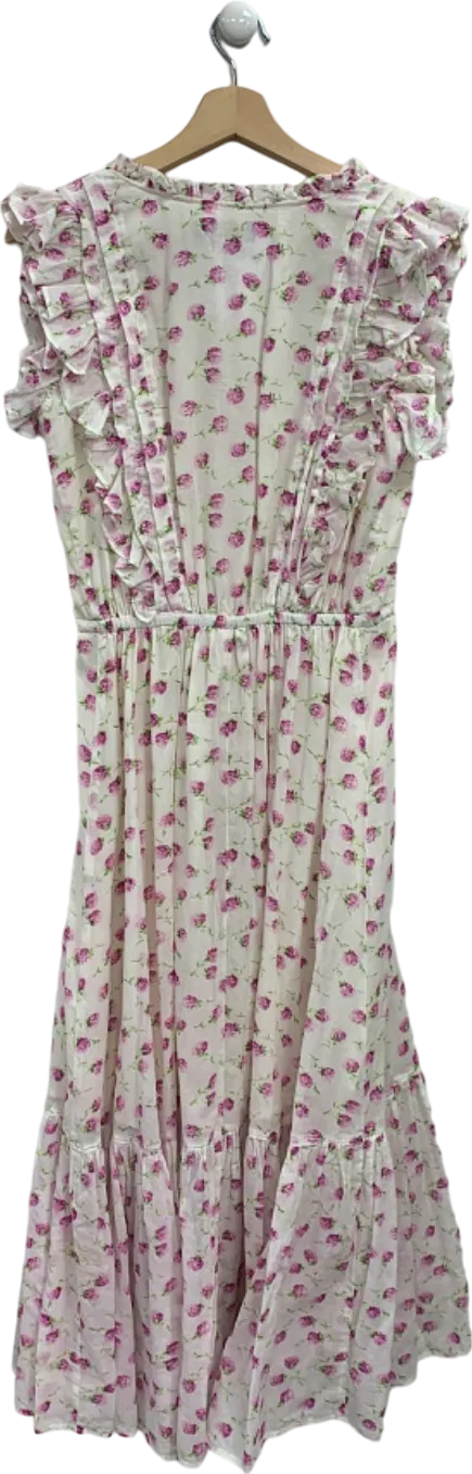 Polo Ralph Lauren White/Pink Floral Ruffled Midi Dress UK 6/8