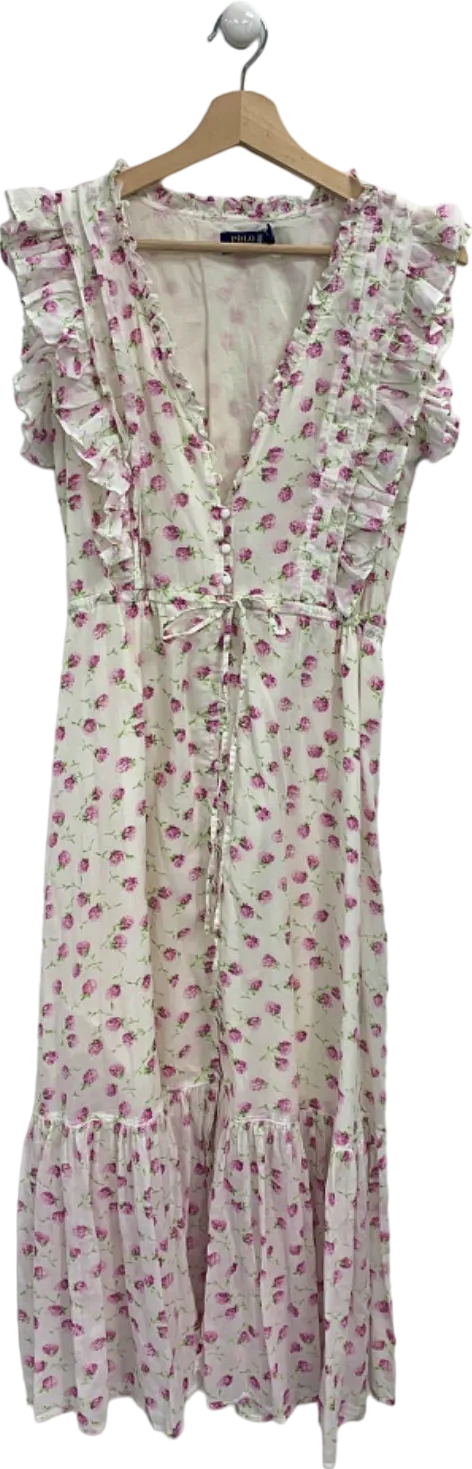 Polo Ralph Lauren White/Pink Floral Ruffled Midi Dress UK 6/8